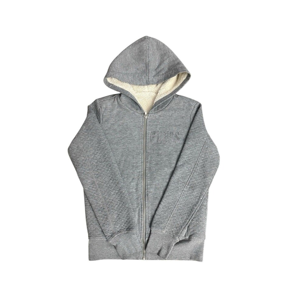 GUESS Women’s M Grey Sherpa Lined Hoodie Full Zip Sweater Logo Studded Flawed